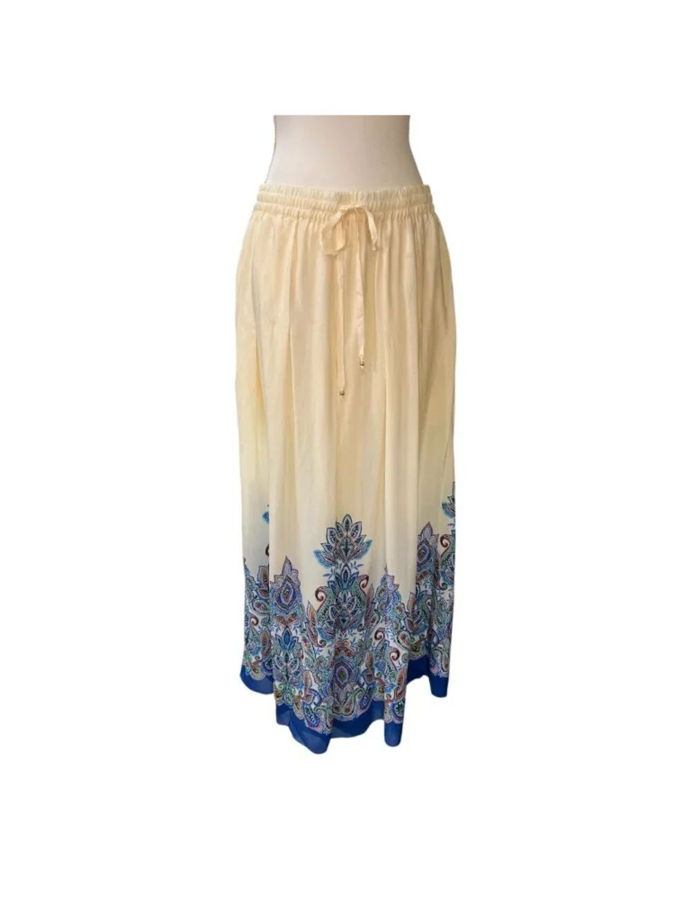 Johnny Was 100% Silk Elastic Waist Pleated Wide Leg Pant Cream Blue Size Medium
